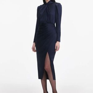 Self portrait - NAVY SATIN MIDI DRESS